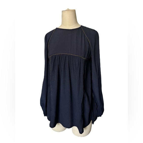 Zara Woman Blouse Navy Blue Gold Trim Peasant Sleeve 100% Viscose Women's Small - Picture 2 of 5